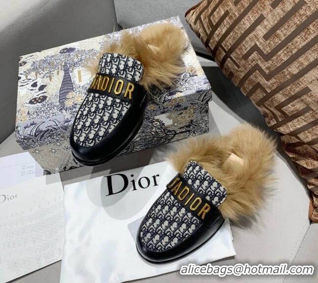 Pretty Style Dior J'Adior Flat Fur Mules in Black Oblique Embroidery 111167