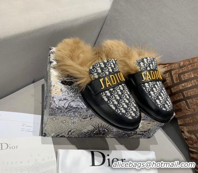 Pretty Style Dior J'Adior Flat Fur Mules in Black Oblique Embroidery 111167