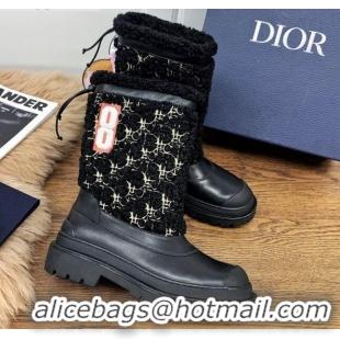 Best Luxury Dior Mid-High Tied Boots in Calfskin and Oblique Embroidery Shearling Wool Black 111401