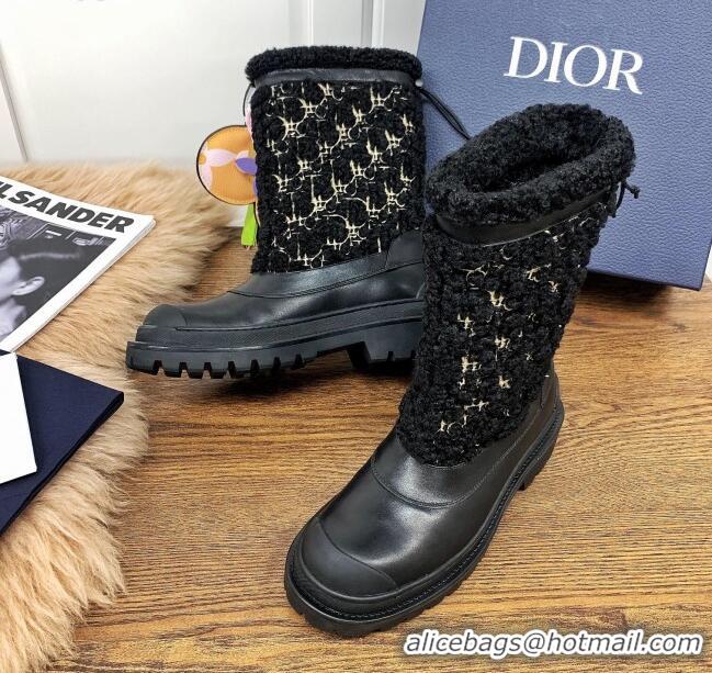 Best Luxury Dior Mid-High Tied Boots in Calfskin and Oblique Embroidery Shearling Wool Black 111401