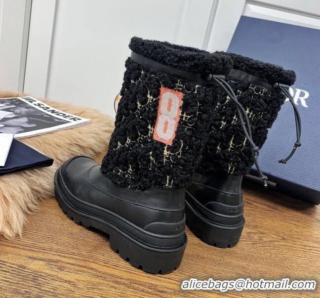 Best Luxury Dior Mid-High Tied Boots in Calfskin and Oblique Embroidery Shearling Wool Black 111401