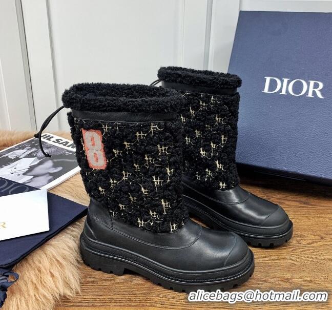 Best Luxury Dior Mid-High Tied Boots in Calfskin and Oblique Embroidery Shearling Wool Black 111401