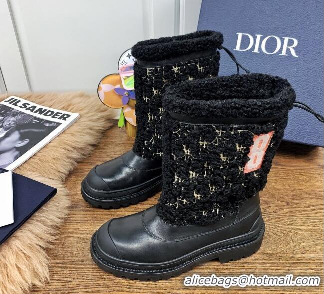 Best Luxury Dior Mid-High Tied Boots in Calfskin and Oblique Embroidery Shearling Wool Black 111401