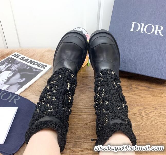 Best Luxury Dior Mid-High Tied Boots in Calfskin and Oblique Embroidery Shearling Wool Black 111401