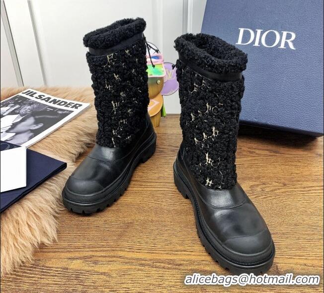 Best Luxury Dior Mid-High Tied Boots in Calfskin and Oblique Embroidery Shearling Wool Black 111401