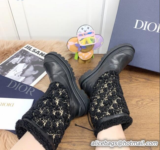 Best Luxury Dior Mid-High Tied Boots in Calfskin and Oblique Embroidery Shearling Wool Black 111401