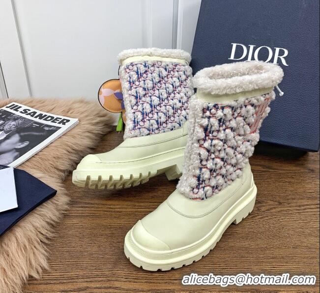 Top Quality Dior Mid-High Tied Boots in Calfskin and Oblique Embroidery Shearling Wool 111401 White