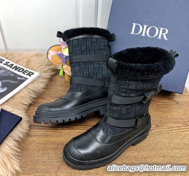 Popular Dior Mid-High Buckle Strap Boots in Calfskin and Oblique Fabric 111403 Black