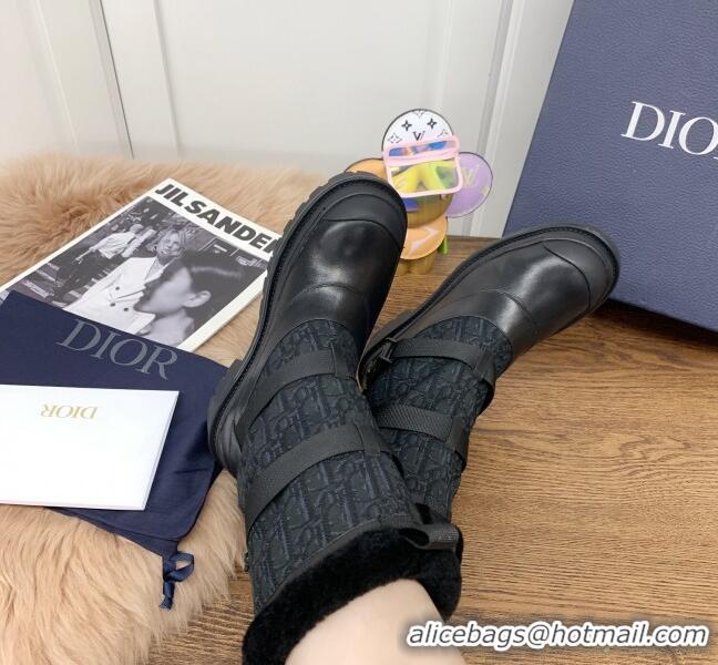 Popular Dior Mid-High Buckle Strap Boots in Calfskin and Oblique Fabric 111403 Black