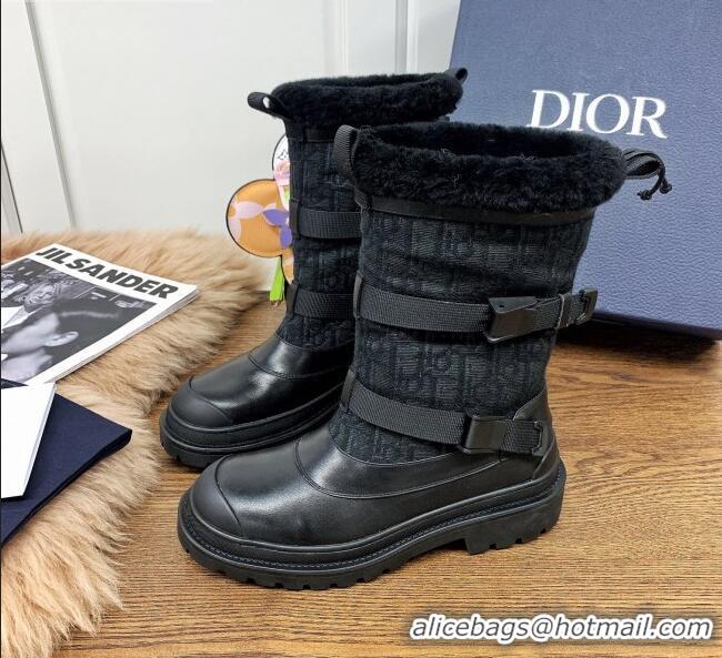 Popular Dior Mid-High Buckle Strap Boots in Calfskin and Oblique Fabric 111403 Black