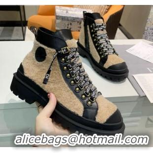 Discount Dior Shearling Wool Short Boot with Lettering Lace Camel 120269 Brown