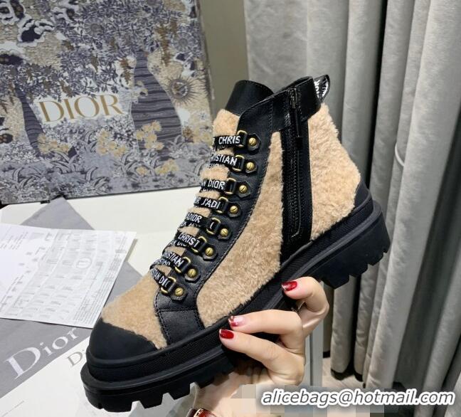 New Fashion Dior Shearling Wool Short Boot with Lettering Lace Camel 120269 Black