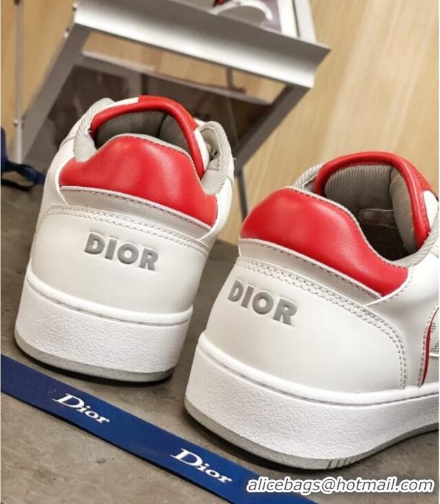 Cute Dior B27 Low-Top Sneakers in White and Red Calfskin 120338