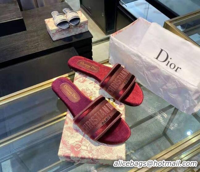 Best Product Dior Velvet Embroidered Slide Sandals 120366 Burgundy