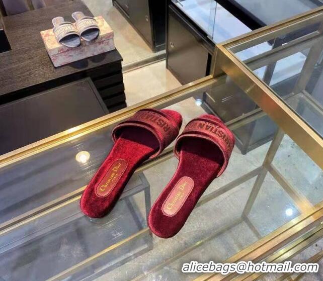 Best Product Dior Velvet Embroidered Slide Sandals 120366 Burgundy