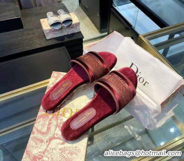 Best Product Dior Velvet Embroidered Slide Sandals 120366 Burgundy