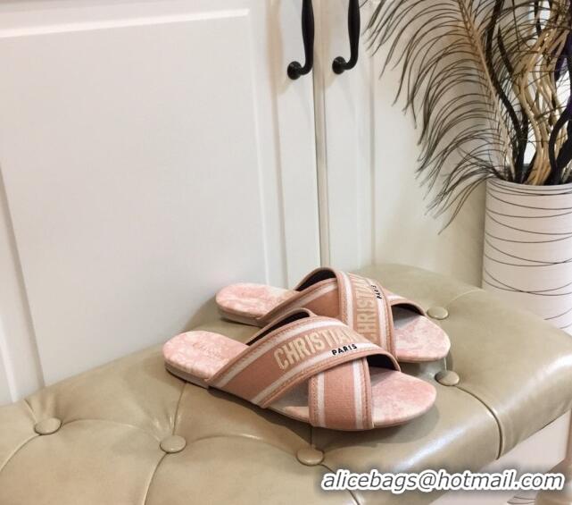 Grade Quality Dior Embroidered Cotton Cross Strap Slide Sandals 120366 Pink