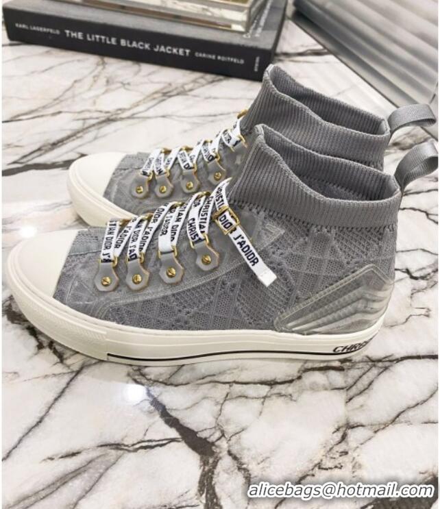 Shop Duplicate Dior Walk'n'Dior High-top Sneakers in Grey Knit with Cannage Embroidery 121906