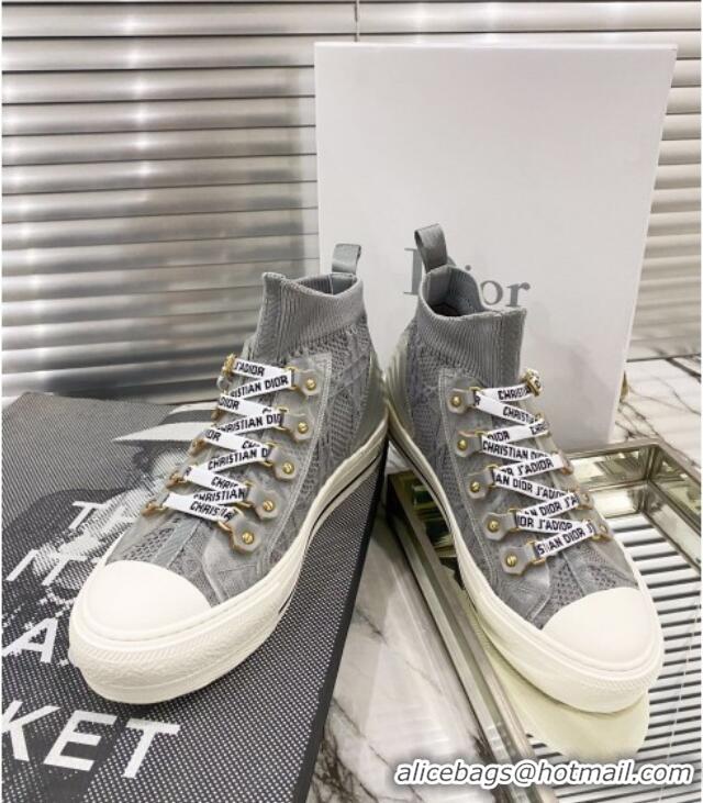 Shop Duplicate Dior Walk'n'Dior High-top Sneakers in Grey Knit with Cannage Embroidery 121906