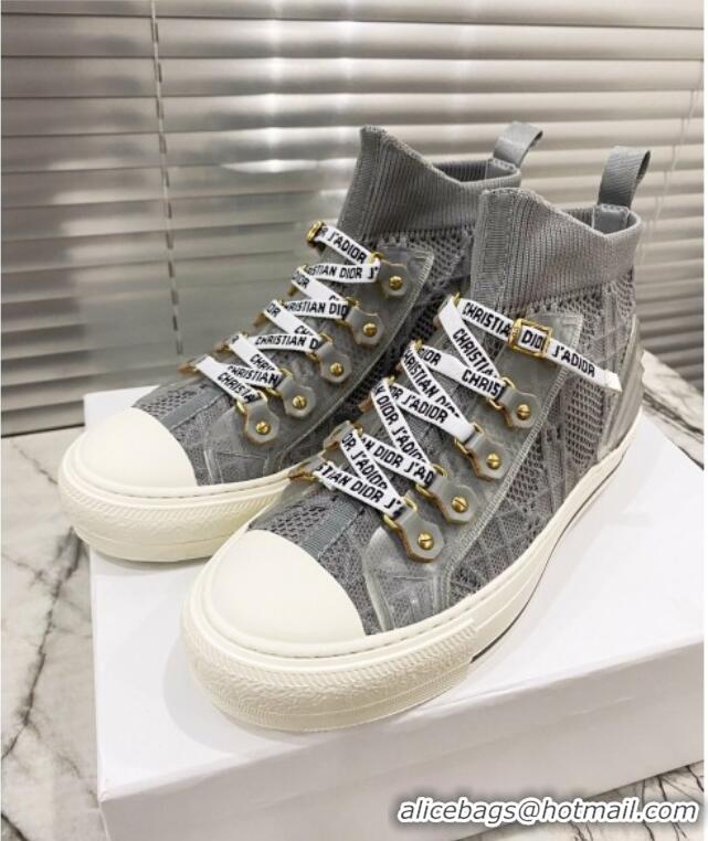 Shop Duplicate Dior Walk'n'Dior High-top Sneakers in Grey Knit with Cannage Embroidery 121906