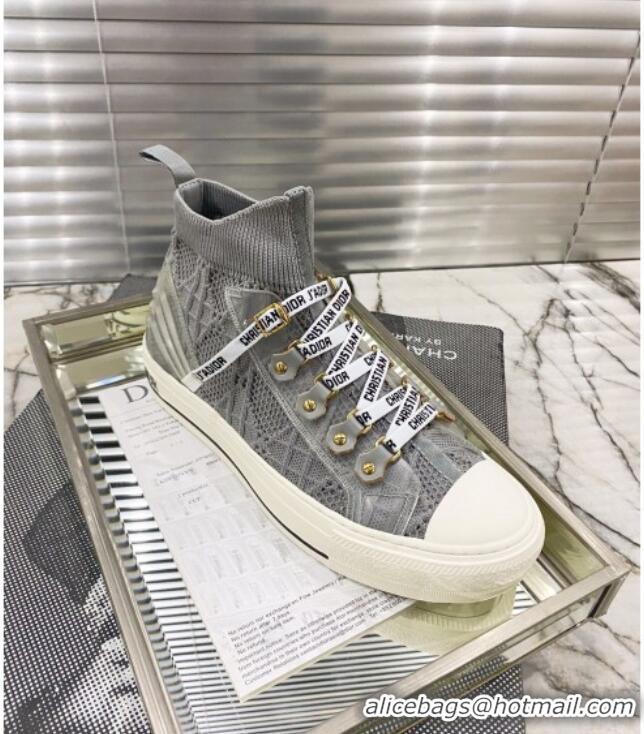 Shop Duplicate Dior Walk'n'Dior High-top Sneakers in Grey Knit with Cannage Embroidery 121906