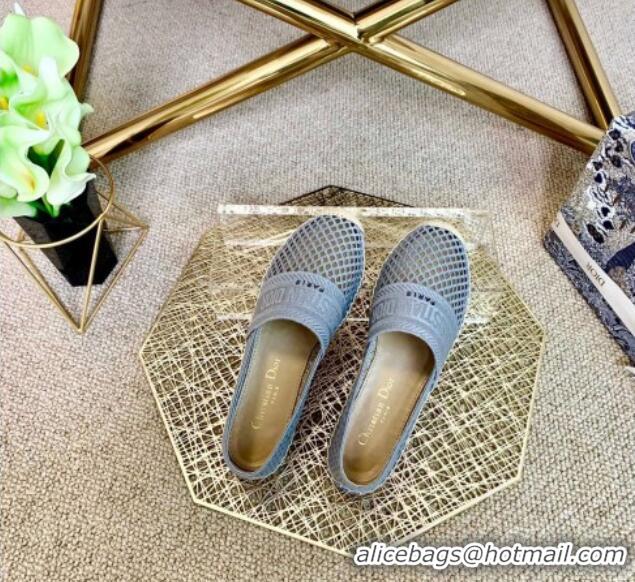 Good Quality Dior Granville Flat Espadrille Mules in Light Blue Mesh Embroidery 122241