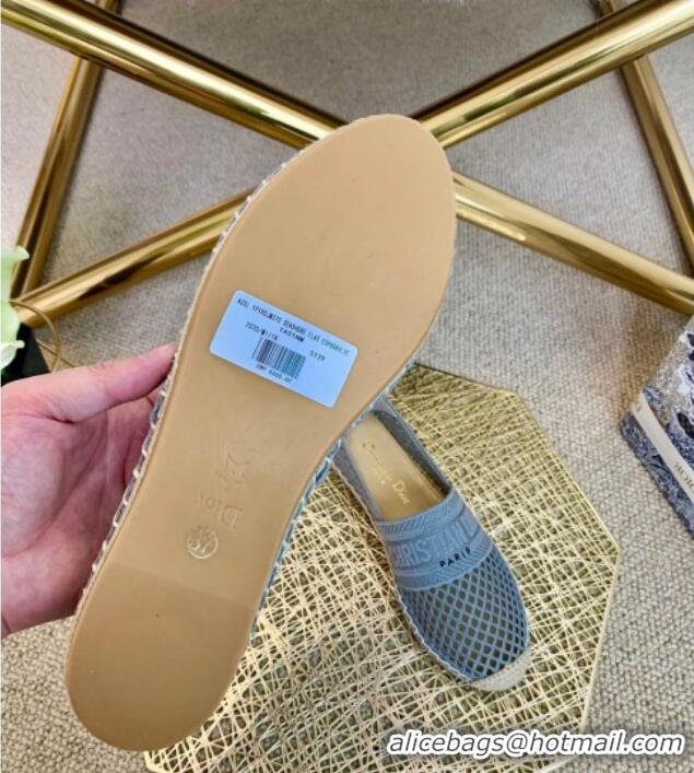 Good Quality Dior Granville Flat Espadrille Mules in Light Blue Mesh Embroidery 122241