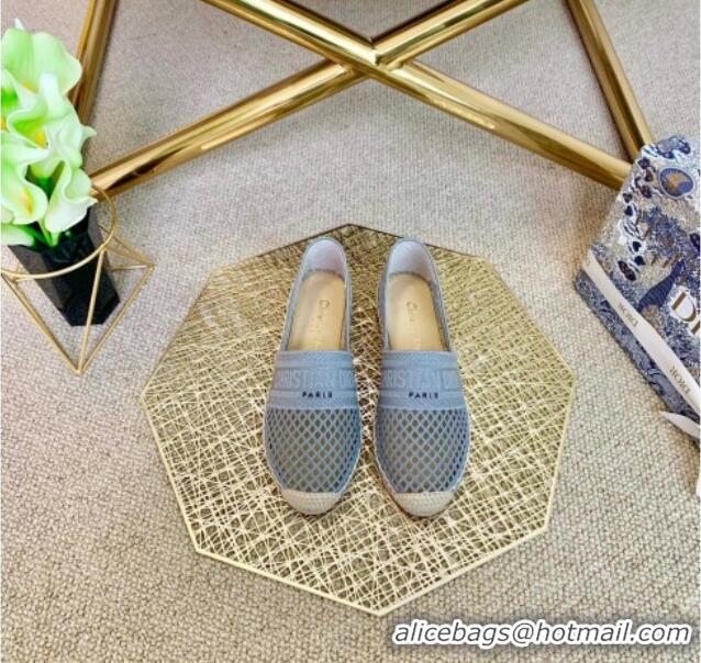 Good Quality Dior Granville Flat Espadrille Mules in Light Blue Mesh Embroidery 122241