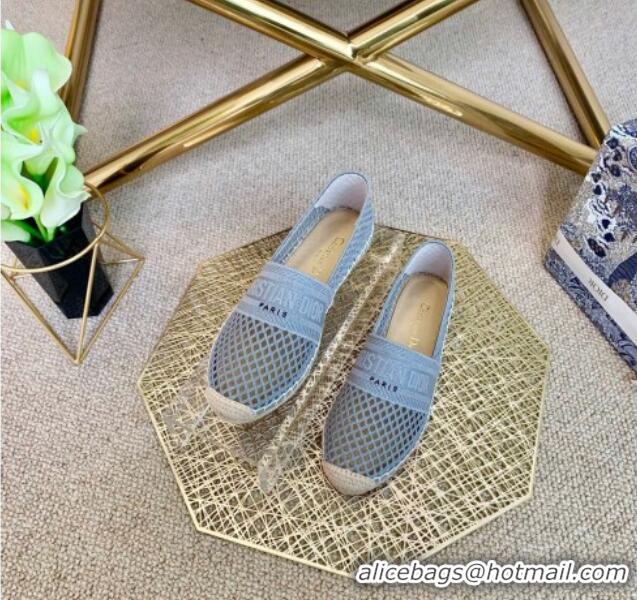 Good Quality Dior Granville Flat Espadrille Mules in Light Blue Mesh Embroidery 122241