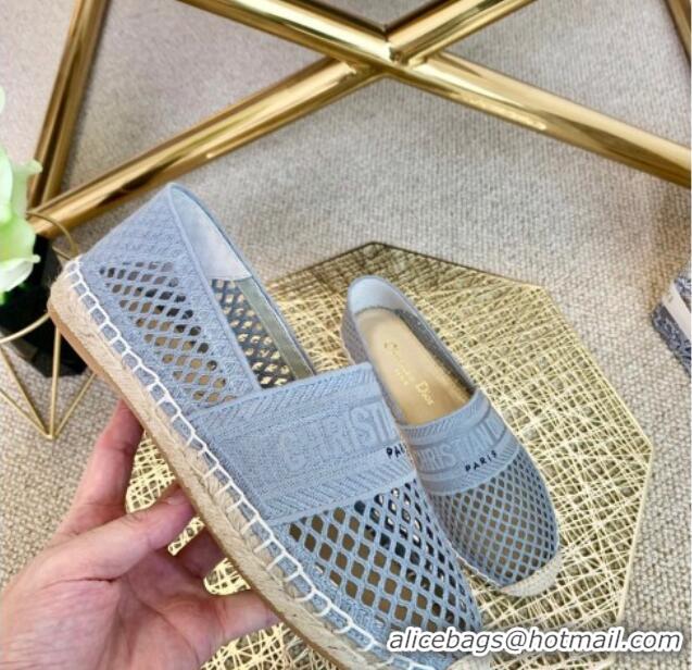 Good Quality Dior Granville Flat Espadrille Mules in Light Blue Mesh Embroidery 122241