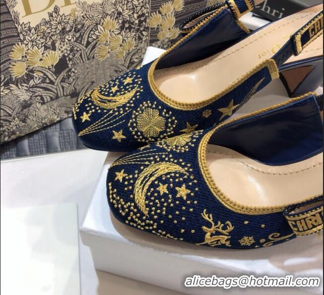 Good Product Dior J'Adior Slingback Pumps in Navy Blue Star Embroidered Cotton 7cm 122245