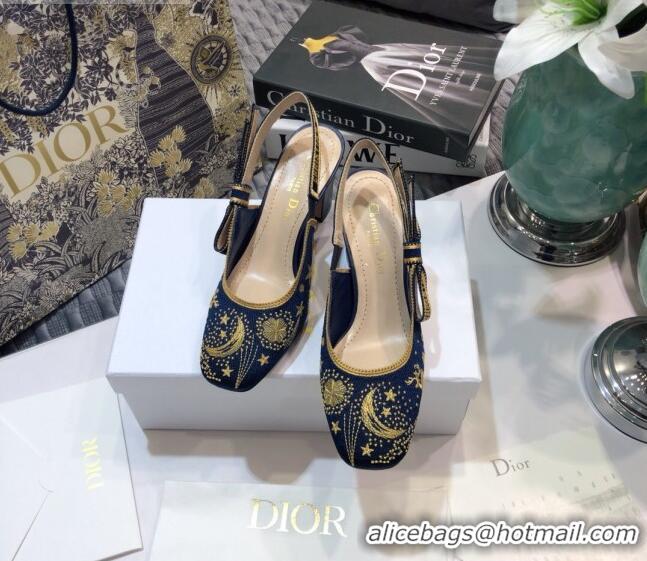 Good Product Dior J'Adior Slingback Pumps in Navy Blue Star Embroidered Cotton 7cm 122245