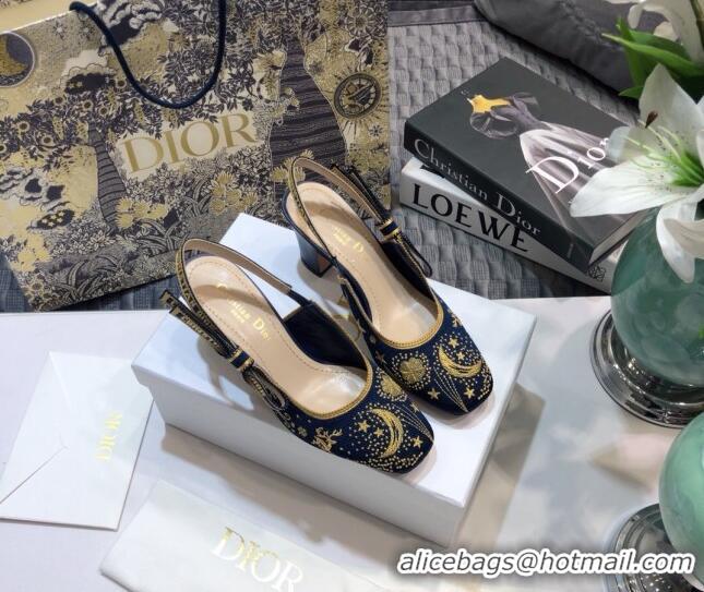 Good Product Dior J'Adior Slingback Pumps in Navy Blue Star Embroidered Cotton 7cm 122245