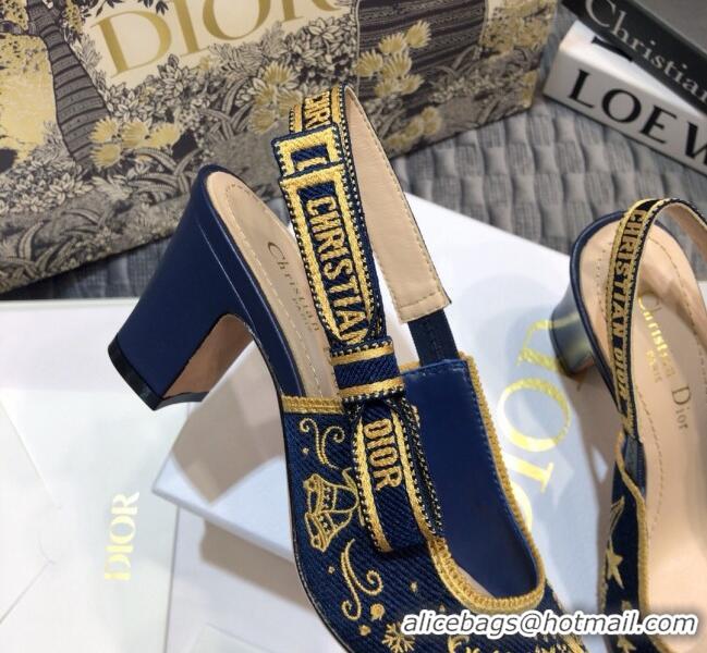 Good Product Dior J'Adior Slingback Pumps in Navy Blue Star Embroidered Cotton 7cm 122245