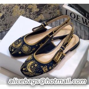 Best Design Dior J'Adior Slingback Flat Ballerinas in Navy Blue Star Embroidered Cotton 122246