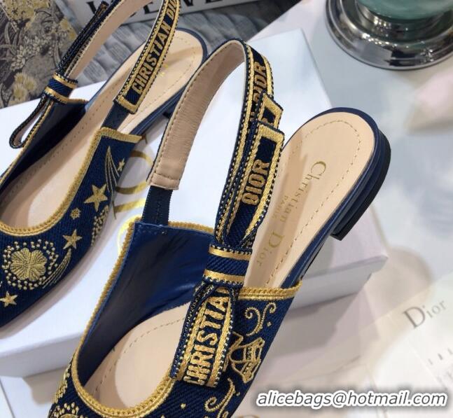 Best Design Dior J'Adior Slingback Flat Ballerinas in Navy Blue Star Embroidered Cotton 122246