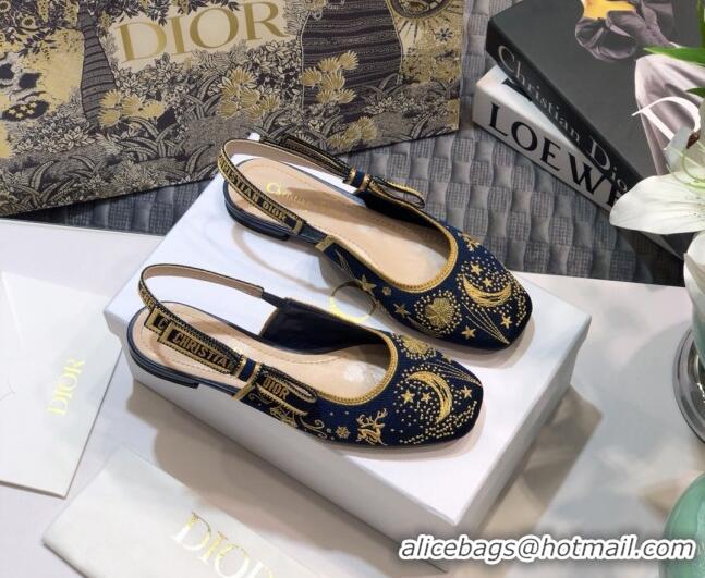 Best Design Dior J'Adior Slingback Flat Ballerinas in Navy Blue Star Embroidered Cotton 122246