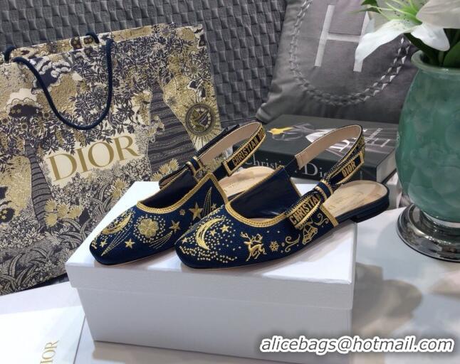 Best Design Dior J'Adior Slingback Flat Ballerinas in Navy Blue Star Embroidered Cotton 122246