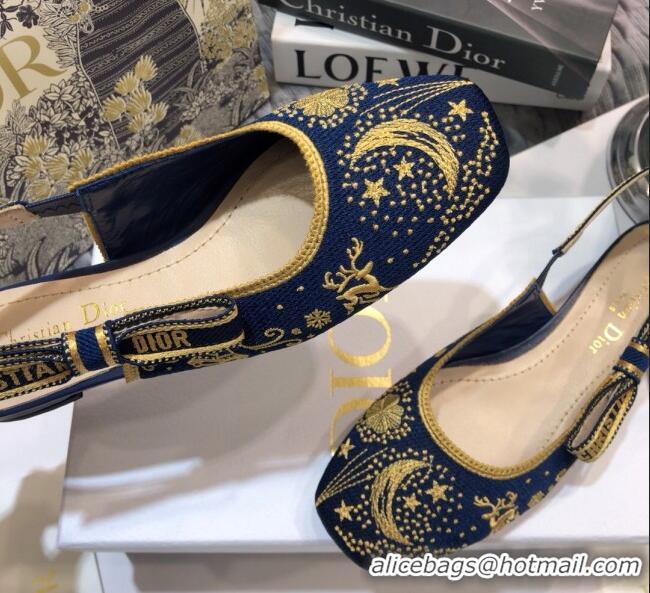 Best Design Dior J'Adior Slingback Flat Ballerinas in Navy Blue Star Embroidered Cotton 122246