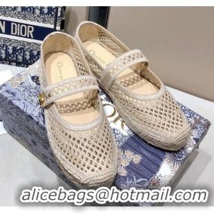 Super Quality Dior Caro Mary Jane Espadrille Ballerina Flat in White Mesh Embroidery 122358