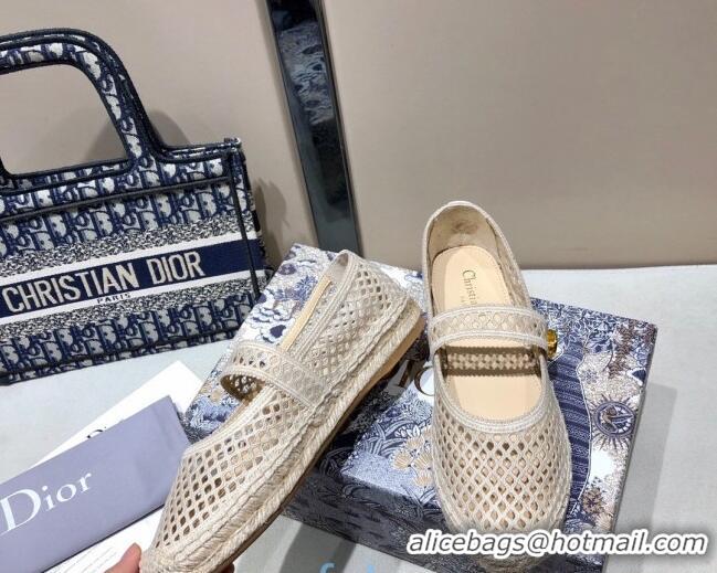 Super Quality Dior Caro Mary Jane Espadrille Ballerina Flat in White Mesh Embroidery 122358