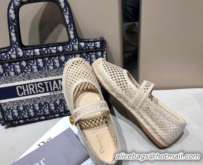 Super Quality Dior Caro Mary Jane Espadrille Ballerina Flat in White Mesh Embroidery 122358