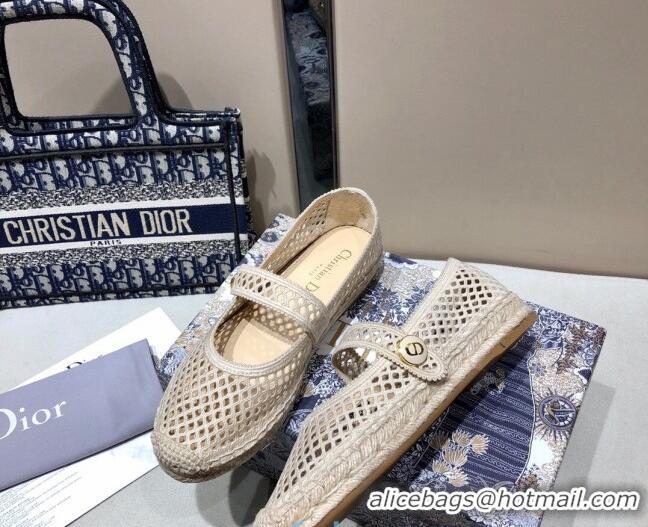 Super Quality Dior Caro Mary Jane Espadrille Ballerina Flat in White Mesh Embroidery 122358