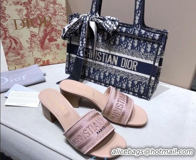 Best Price Dior Dway Embroidered Cotton Heel Slide Sandals 5cm Nude 010844