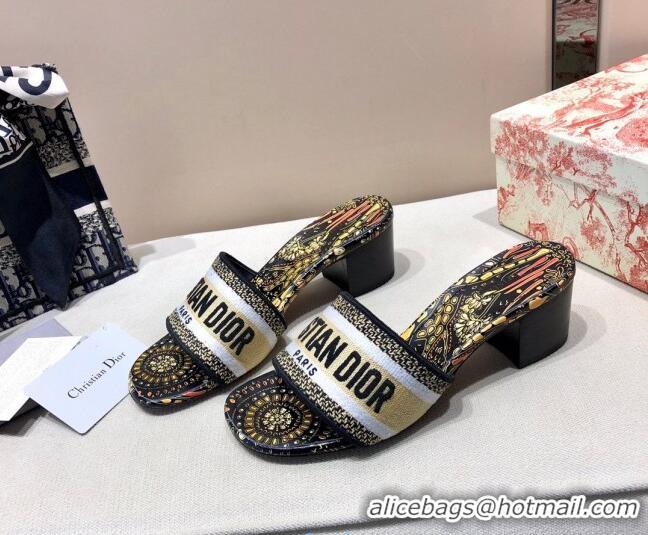 Grade Quality Dior Dway Embroidered Cotton Heel Slide Sandals 5cm Gold 010848