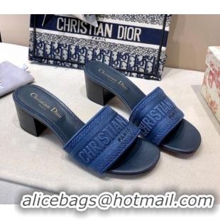 Classic Hot Dior Dway Embroidered Cotton Heel Slide Sandals 5cm Navy Blue 010849