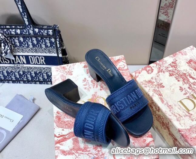 Classic Hot Dior Dway Embroidered Cotton Heel Slide Sandals 5cm Navy Blue 010849