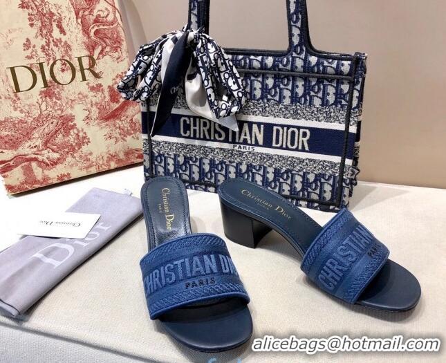 Classic Hot Dior Dway Embroidered Cotton Heel Slide Sandals 5cm Navy Blue 010849