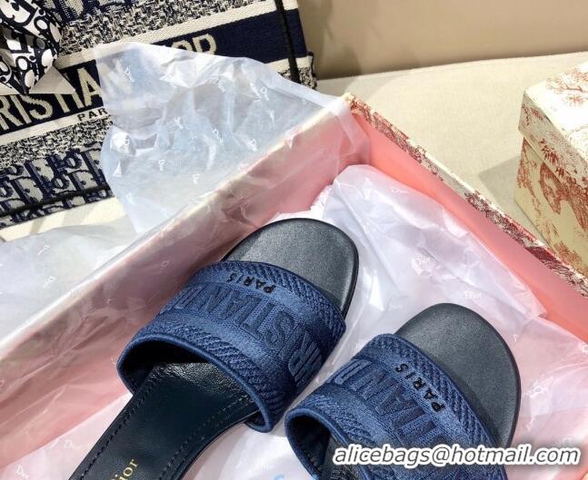 Classic Hot Dior Dway Embroidered Cotton Heel Slide Sandals 5cm Navy Blue 010849