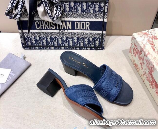 Classic Hot Dior Dway Embroidered Cotton Heel Slide Sandals 5cm Navy Blue 010849